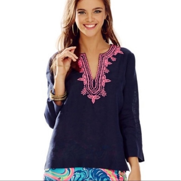 Lilly Pulitzer Tops - Lilly Pulitzer Amelia Island Embroidered Linen Tunic Blouse Pink Blue XS